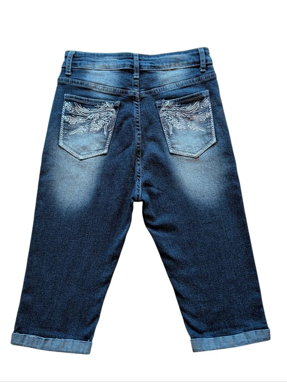 Y2K High Waisted Embroidered Wing Pocket Pedal Pushers Jorts SMALL Blue